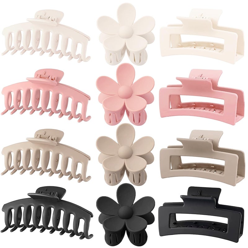 JANFUN Large Hair Claw Clips, 12 Pack Flower Hair Clips for Thick Hair, Big Square Matte Strong hold for Thin Hair, 3 Styles Claw Hair Clips for Thick Hair - Image 1